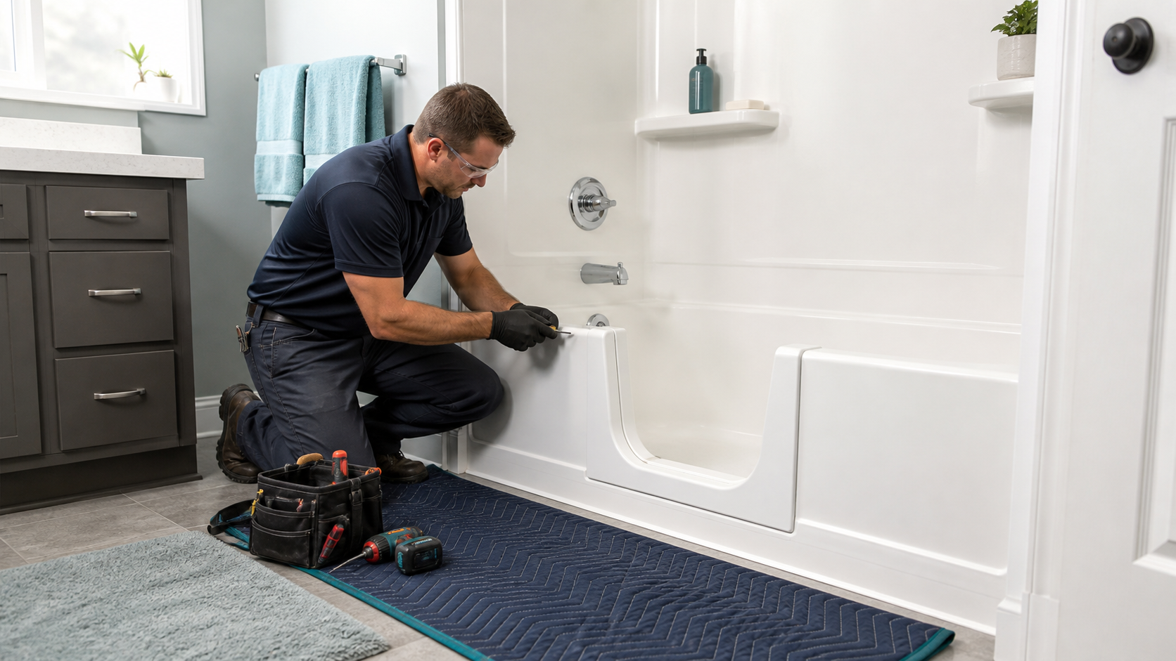 Close view of a lower-entry bathtub insert installed in an existing tub